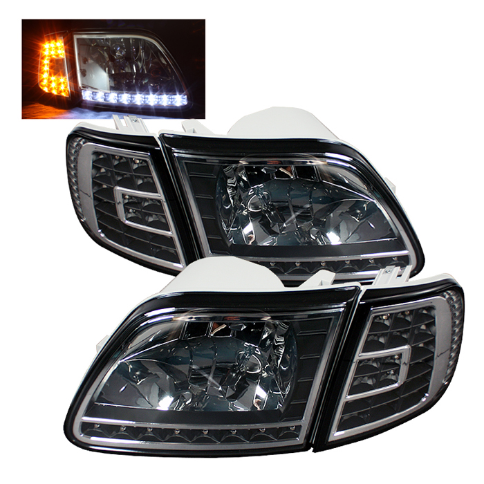 Spyder Black Crystal HeadLights W Clear LED Corner Ford F150 Expedition 97-03