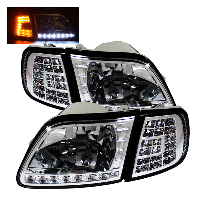 Spyder Chrome Crystal HeadLights W Clear LED Corner Ford F150 Expedition 97-03