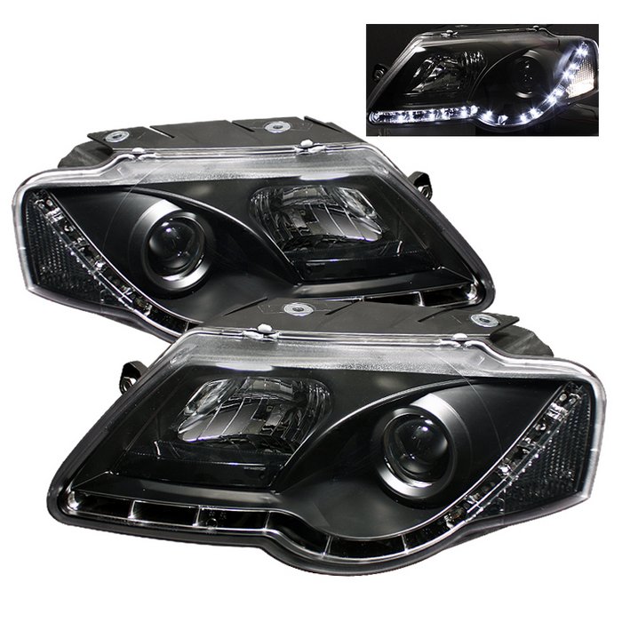 Spyder DRL LED Black Projector HeadLights Volkswagen Passat B6 06-08